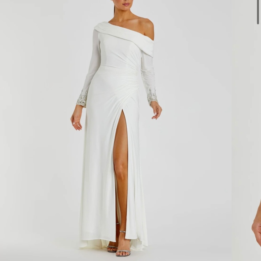 Mac Duggal White Beaded Cuff Drop Shoulder Long Sleeve Gown